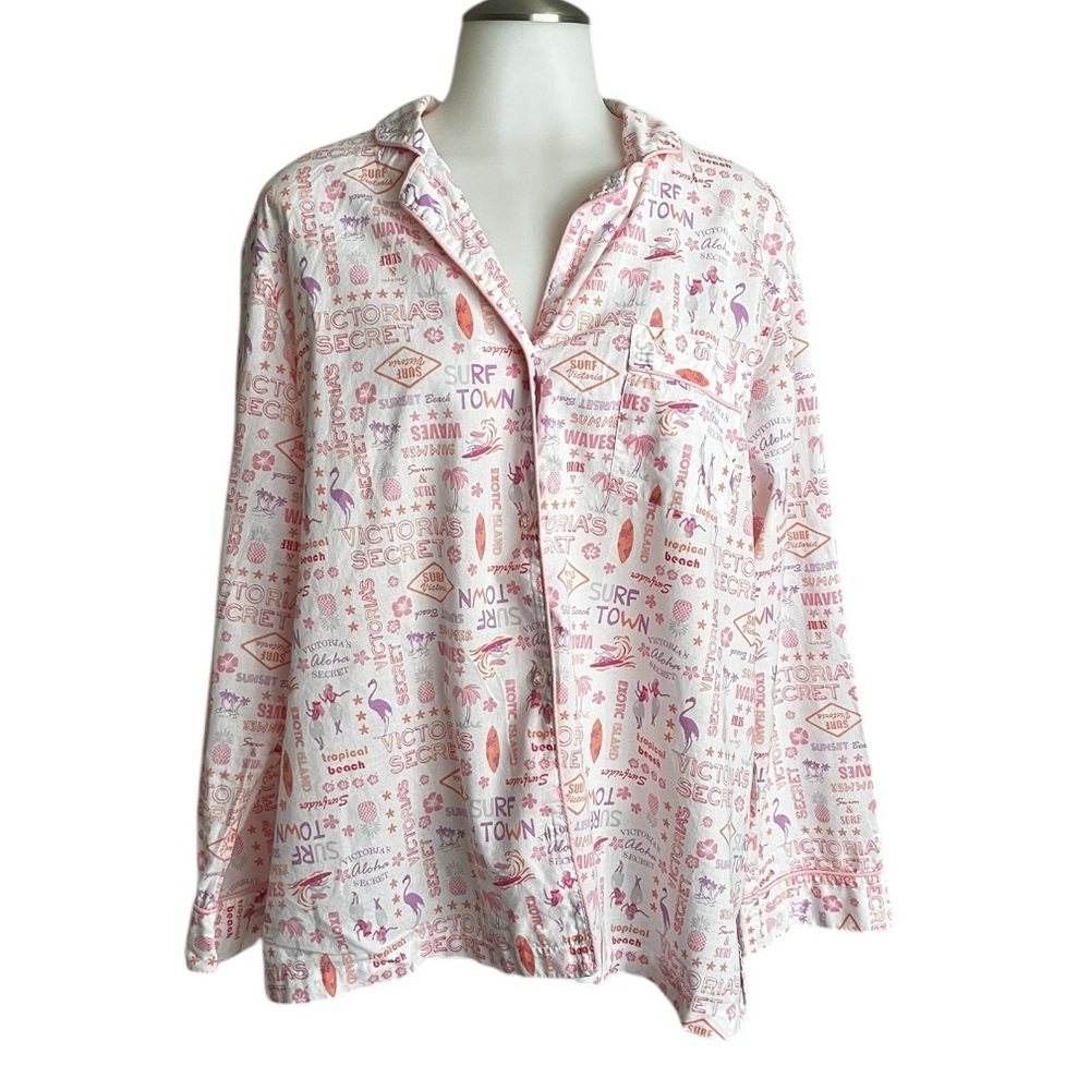 Large VICTORIA'S SECRET PJ INTIMATE SEXY V-NECK SLEEP shirt FLAMINGO SURF BEACH